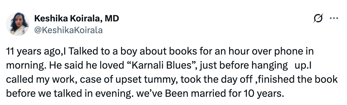 Summary of text: A woman recalls discussing books with a boy over the phone; they talked for an hour. They later married and have now been together for 10 years