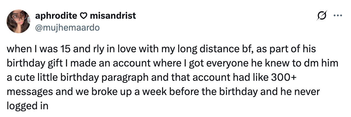 A tweet shares a story about creating an account for a long-distance boyfriend&#x27;s birthday, collecting over 300 messages, but breaking up just before the day