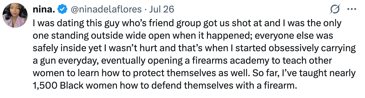 Summary of tweet: A woman describes a past incident involving gunfire that led her to carry a firearm and later start a firearms academy to teach self-defense