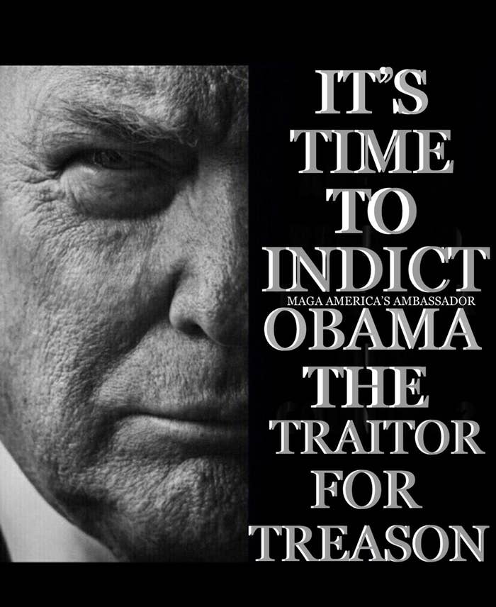 Close-up of a man&#x27;s face with text saying, &quot;It&#x27;s time to indict Obama the traitor for treason.&quot;