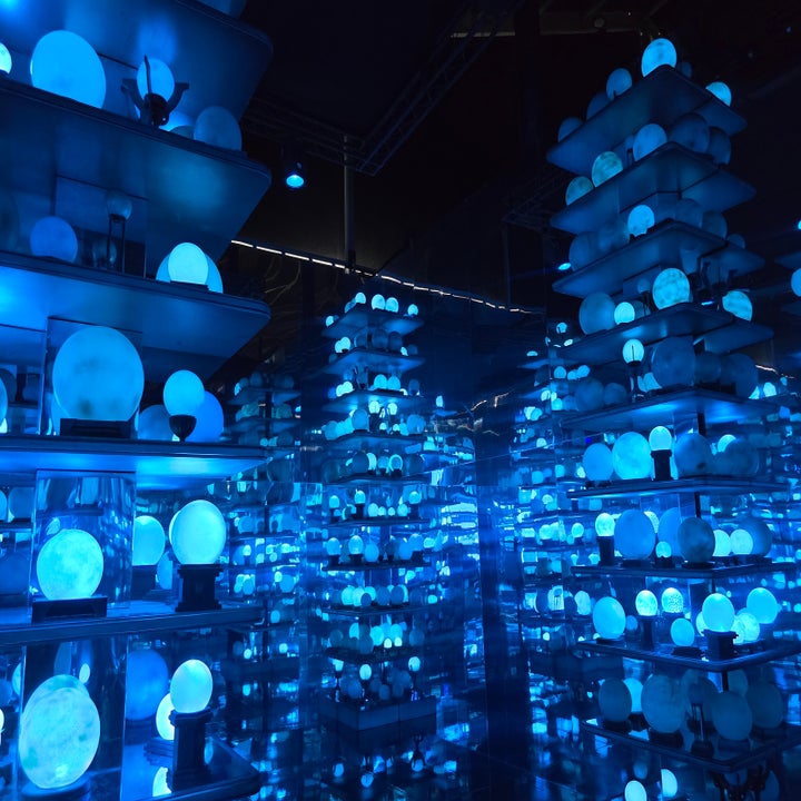 Globos luminosos azules están colocados en estantes iluminados en una exposición oscura, creando un ambiente futurista y etéreo
