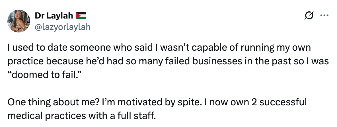 A tweet from Dr. Laylah shares her success, stating that despite doubts from an ex-partner, she owns two successful medical practices with full staff