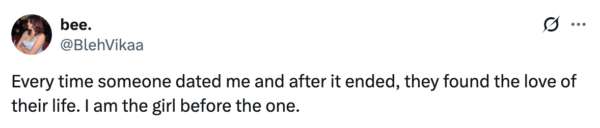 Tweet about feeling like a stepping stone in relationships, suggesting each partner finds true love after dating the author