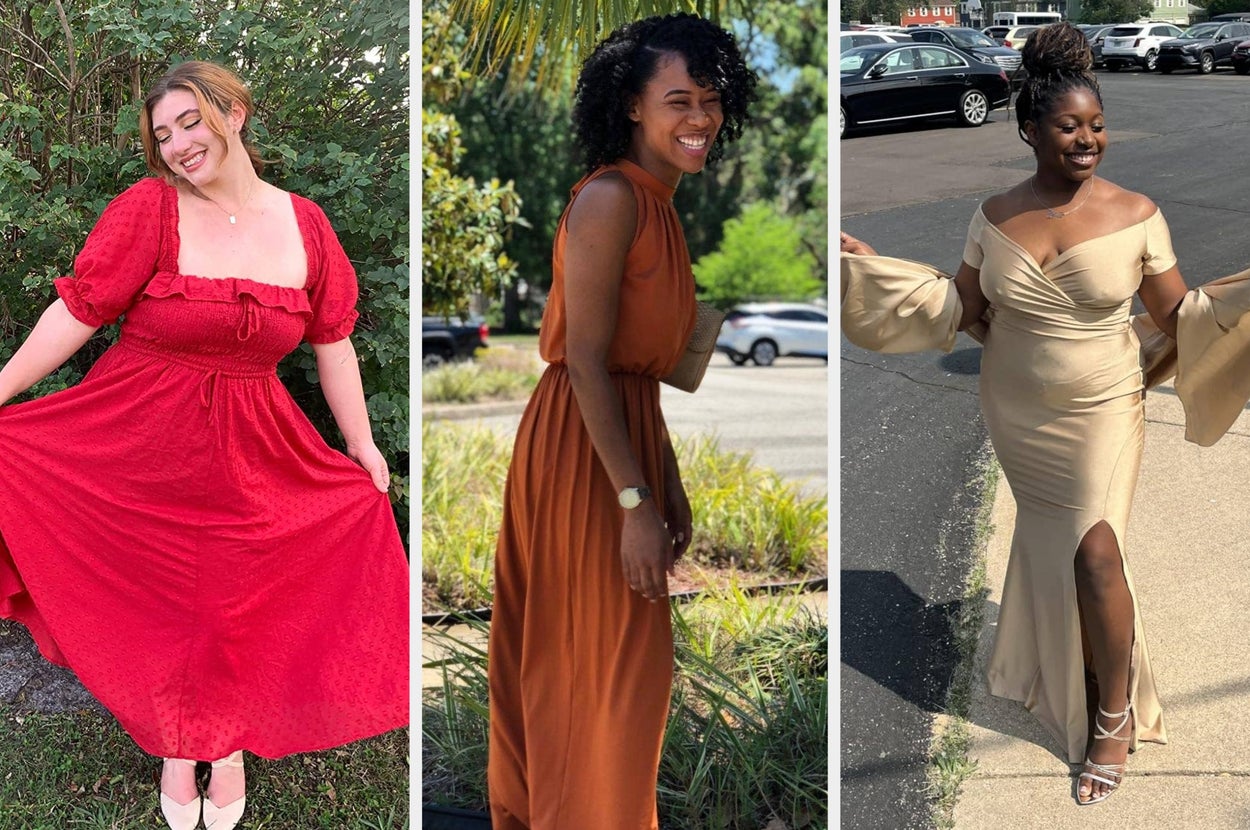 Three people outdoors showcasing dresses: left in a red dress with puff sleeves, center in a rust-orange sleeveless dress, right in a beige off-shoulder gown