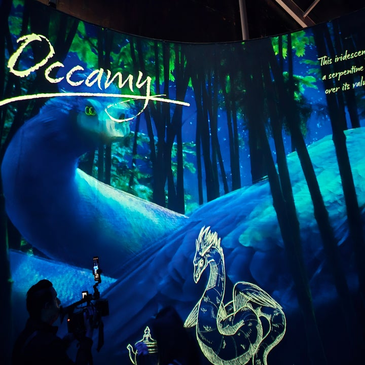 Exhibición de un occamy, criatura mágica similar a una serpiente alada, en un bosque. Persona fotografiando la proyección