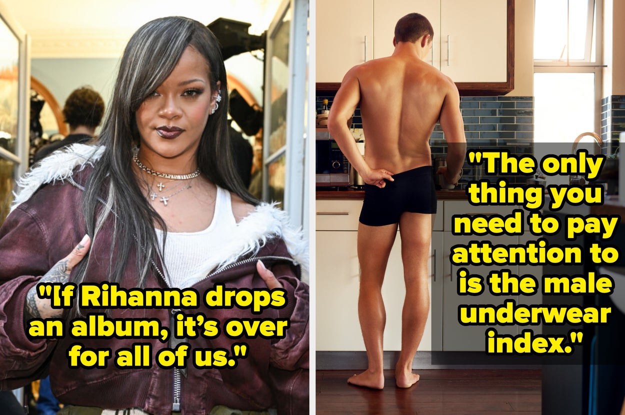 Left: Person with long hair in casual outfit, text saying album impact. Right: Man in underwear, text on male underwear index