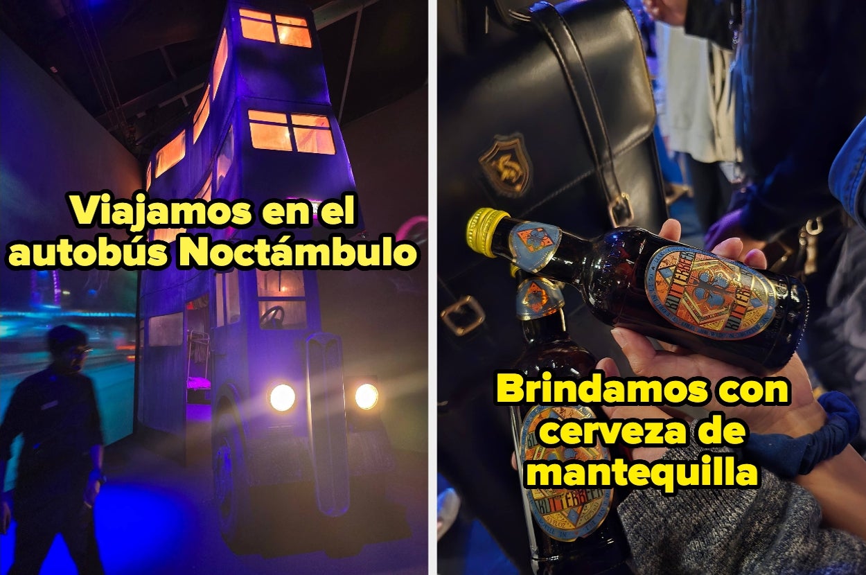 Imagen dividida: Izquierda, autobús Noctámbulo simulado; derecha, personas con cerveza de mantequilla en botella. Texto: "Viajamos en el autobús Noctámbulo" y "Brindamos con cerveza de mantequilla"