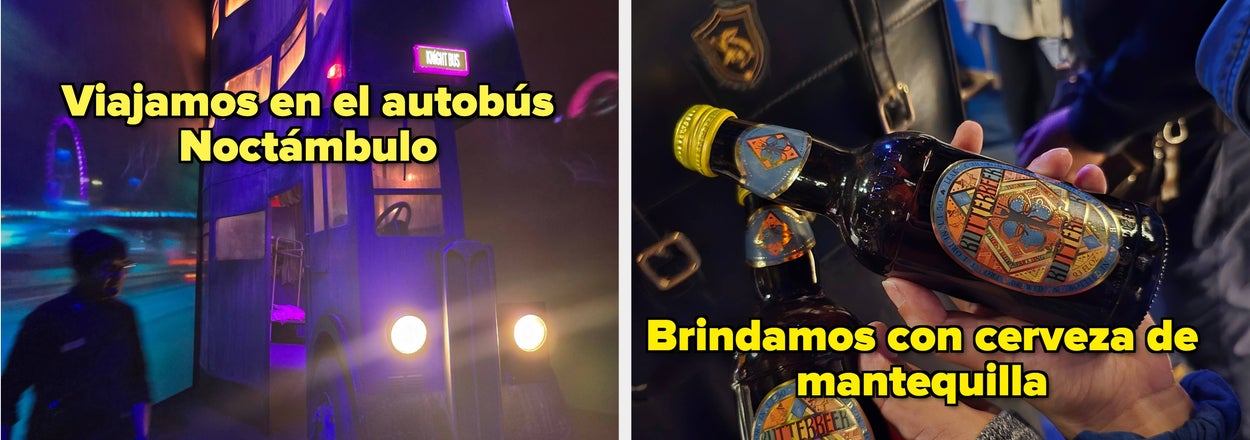 Imagen dividida: Izquierda, autobús Noctámbulo simulado; derecha, personas con cerveza de mantequilla en botella. Texto: "Viajamos en el autobús Noctámbulo" y "Brindamos con cerveza de mantequilla"