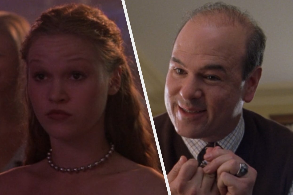Two people in indoor scenes from a TV or movie. One wears a choker; the other is in a sweater, gesturing expressively
