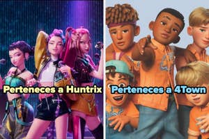 A la izquierda, miembros de una banda animada posan; a la derecha, jóvenes animados de estilo casual posan juntos. Texto dice: "Perteneces a..."