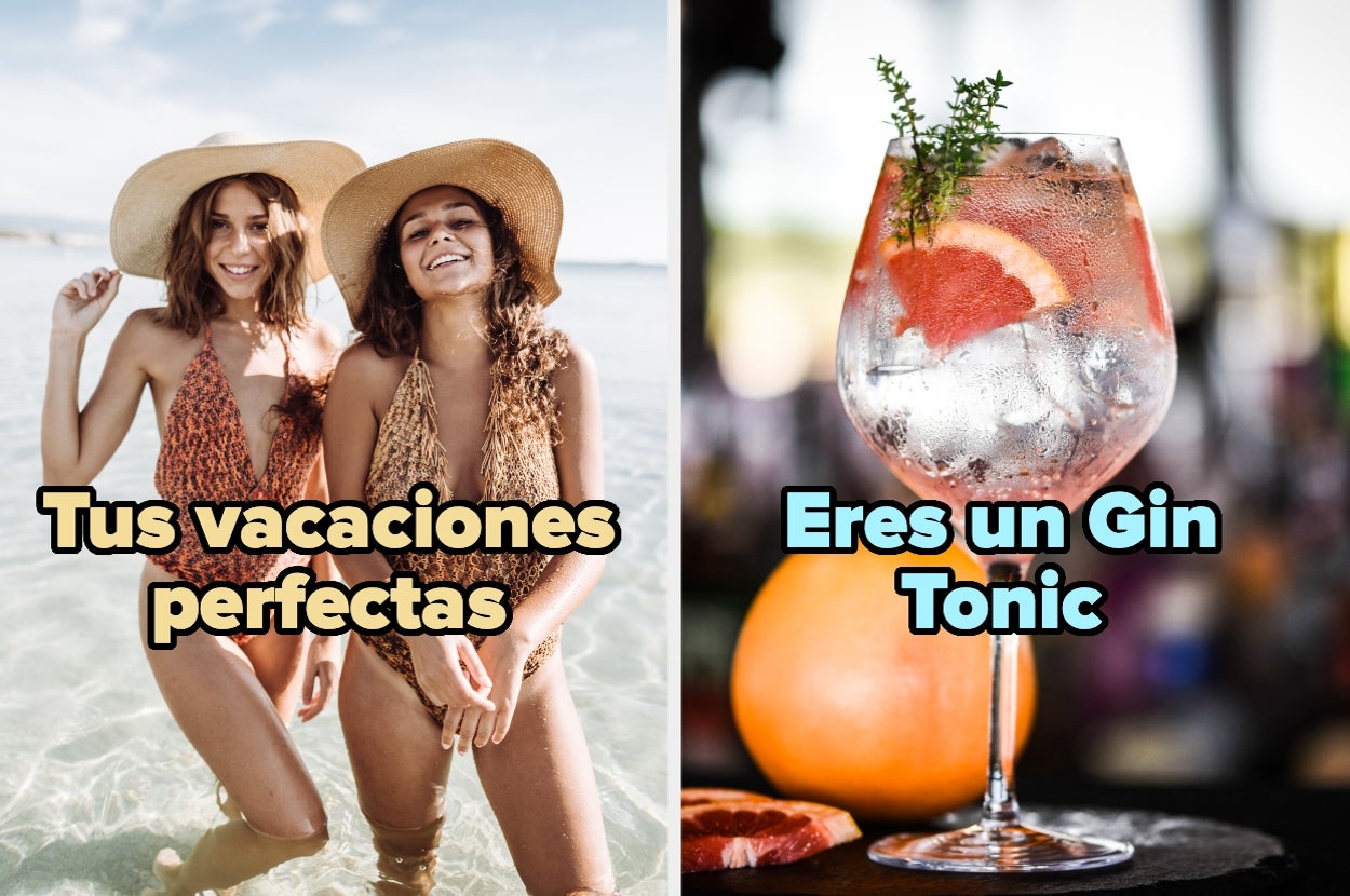 A la izquierda, dos personas con sombreros en el agua. A la derecha, un gin tonic decorado con rodaja de pomelo y hierbas. Texto: "Tus vacaciones perfectas, Eres un Gin Tonic"