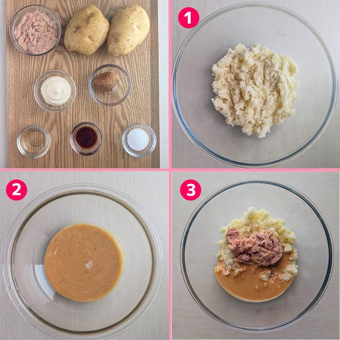 じゃがいも、ツナ、ソースを使った料理の手順を示す3枚の画像。手順1:じゃがいもをつぶす。手順2:ソースを用意。手順3:材料を混ぜる。