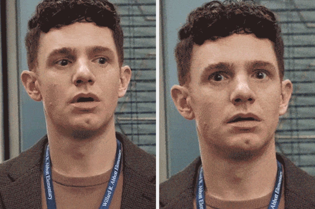 A person with a blue lanyard looks surprised and concerned, suggesting a workplace scenario