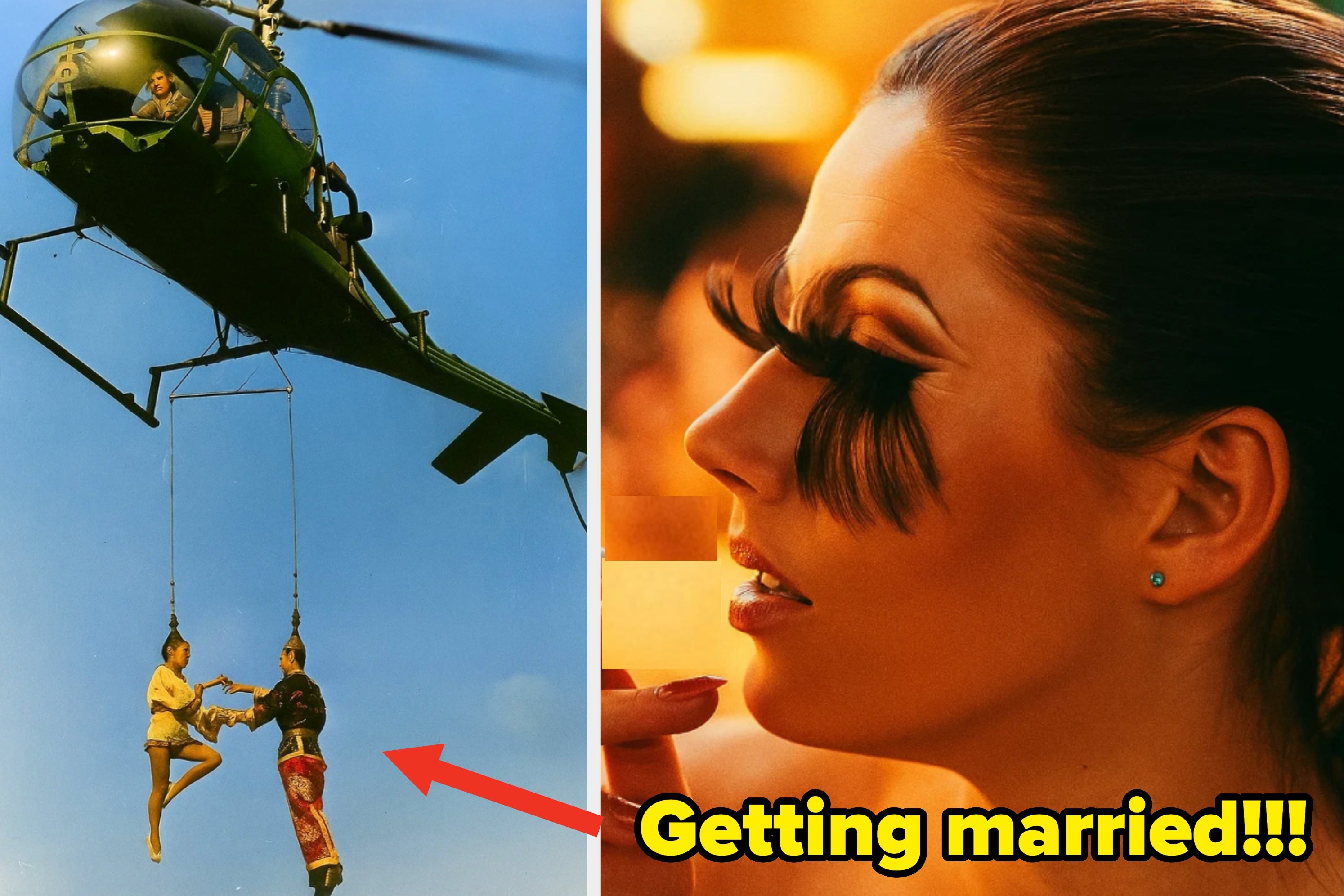 Left: Two people hang from a helicopter. Right: Woman with dramatic feathered eyelashes gazes thoughtfully in profile