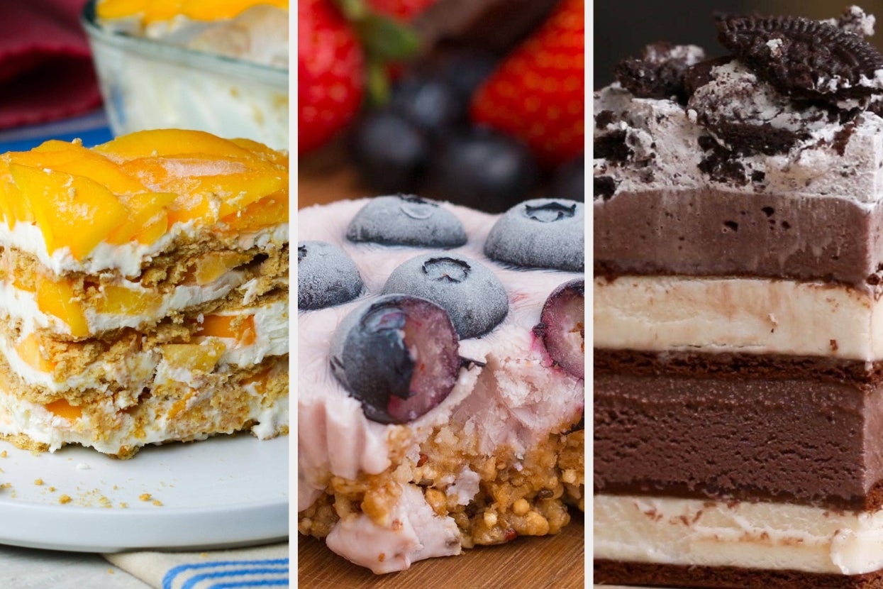 Three dessert slices: mango layered cake, blueberry cheesecake with whipped topping, and Oreo chocolate layer cake