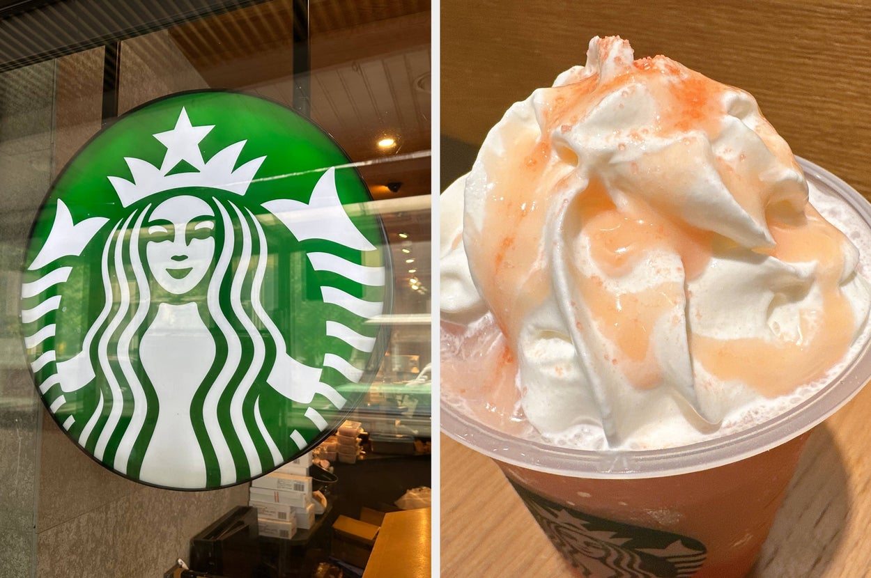 スターバックスのフラペチーノ、ホイップクリームとフルーツ風味の層が見える。テーブル上に置かれています。