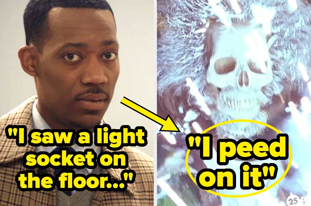 Man looks surprised; meme text reads, "I saw a light socket on the floor..." next to image of a skeleton glowing with text, "I peed on it."