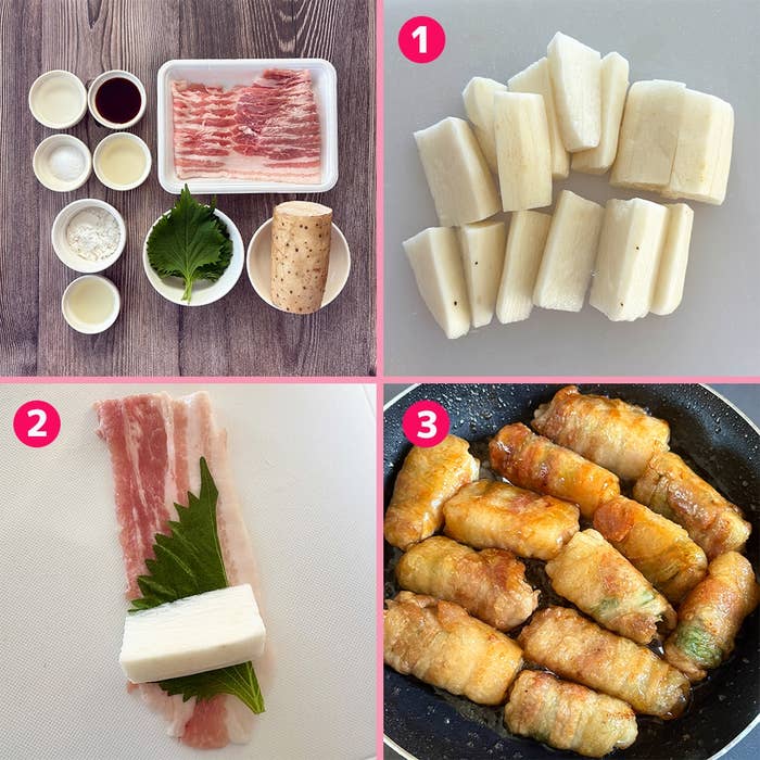 長芋と大葉を豚バラ肉で巻いて焼く調理工程。ステップ1から3までのプロセスを示す画像。