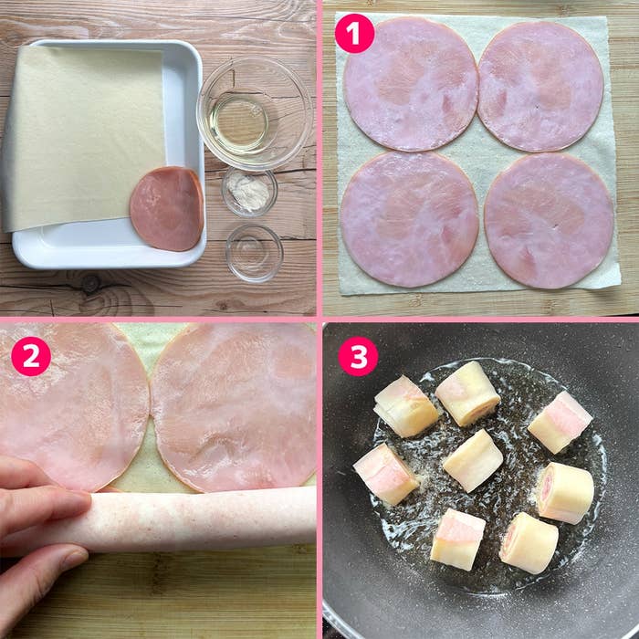 ハムを巻いた後、フライパンで揚げ焼きする手順の写真コラージュ。