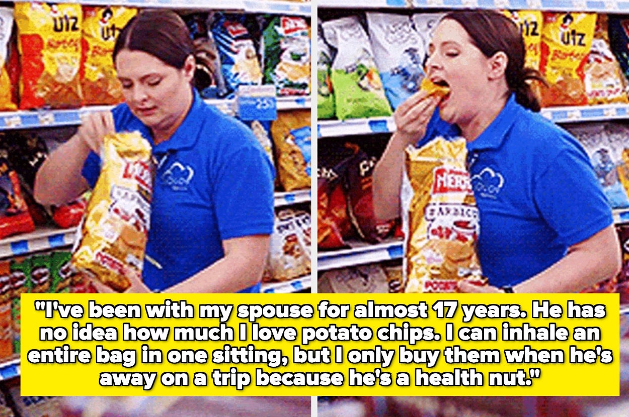 Two-panel image of a person enthusiastically eating potato chips in a grocery store aisle. Text below humorously conveys their secret love for chips