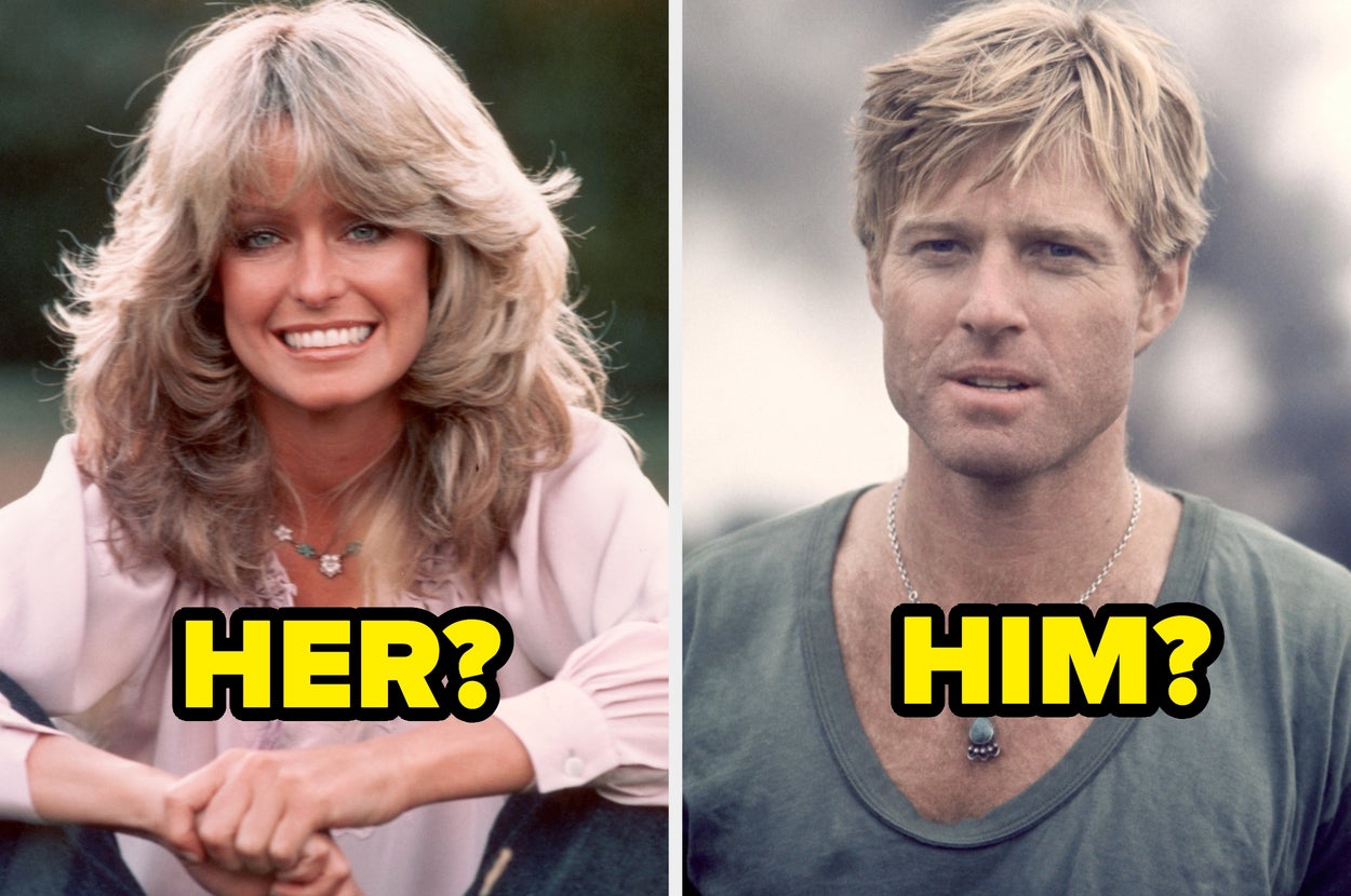 Split image of a woman smiling with feathered hair and a man with tousled hair and a casual shirt, both labeled "HER?" and "HIM?" respectively