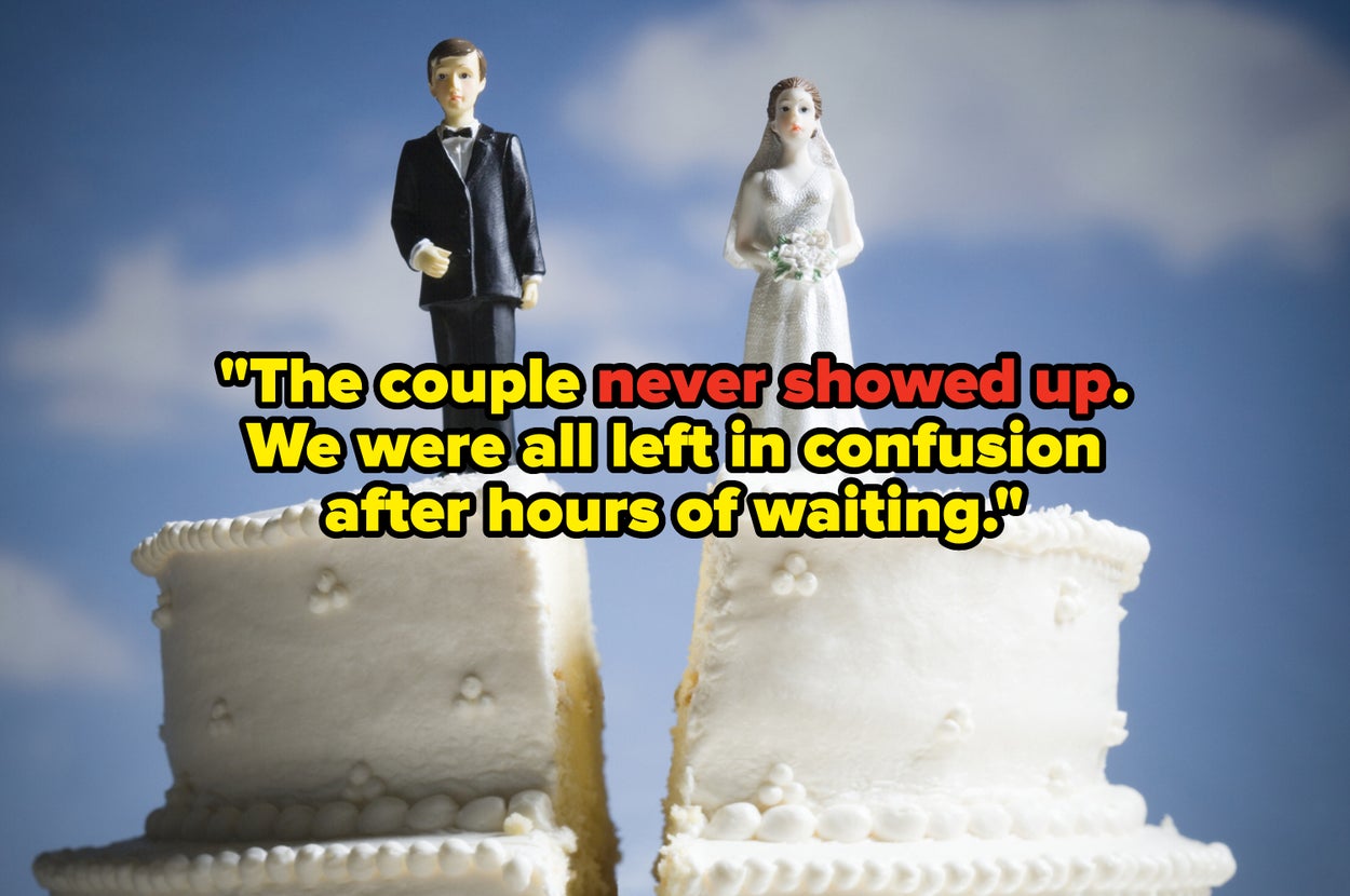 Wedding cake with bride and groom toppers on separate pieces; text overlay reads: "The couple never showed up. We were all left in confusion after hours of waiting"