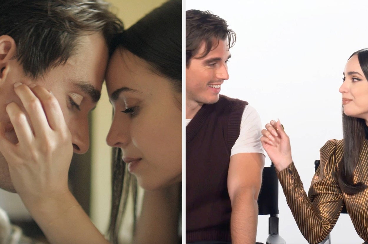 Corey Mylcreest and Sofia Carson laughing together during an interview vs. a photo of them in My Oxford Year