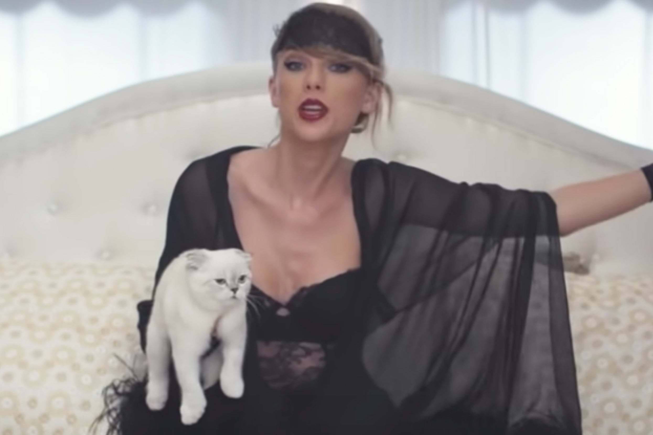 Taylor Swift sitting on a bed, holding her cat Olivia Benson in one hand in the Blank Space music video