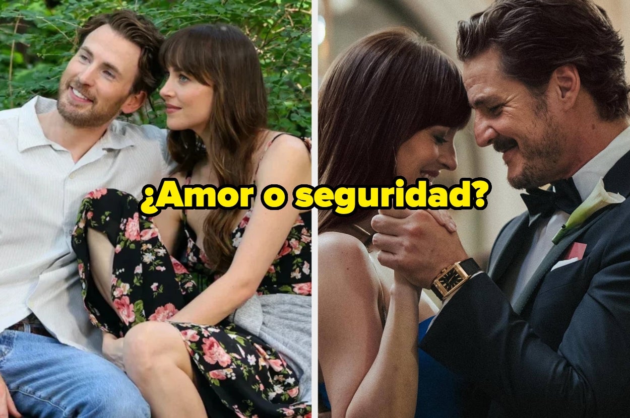 Dos imágenes: pareja sentada en un parque; pareja elegantemente vestida bailando. Texto: "¿Amor o seguridad?"