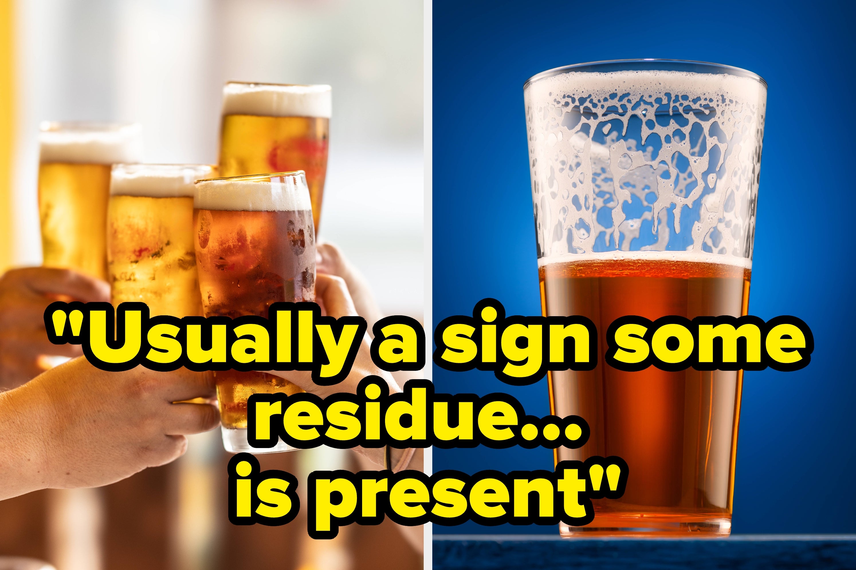 People clinking beer glasses on the left; full beer glass with foam on the right, highlighted by an arrow