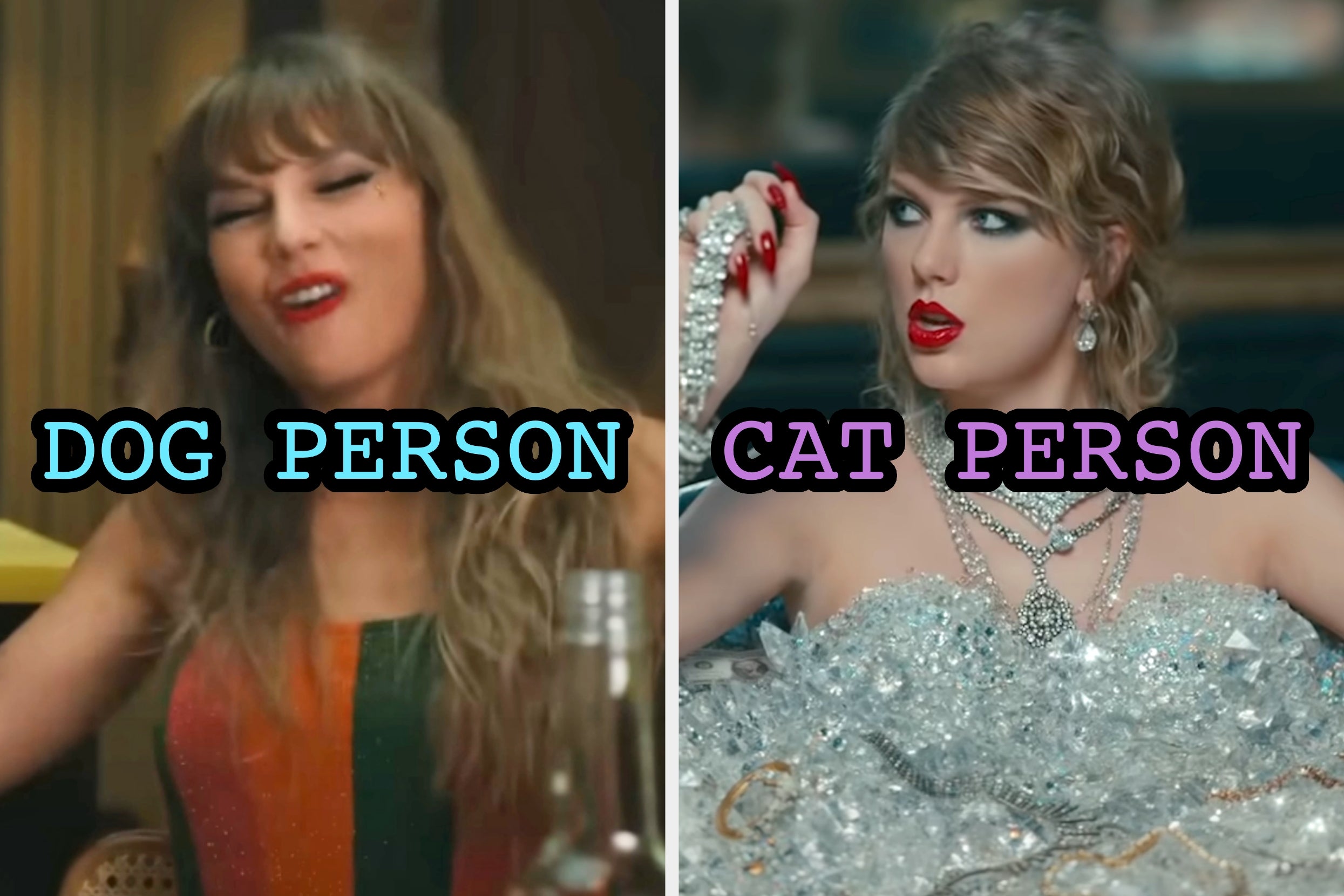 On the left, Taylor Swift dancing in the Anti-Hero music video labeled dog person, and on the right, Taylor Swift in a tub of jewels in the Look What You Made Me Do music video labeled cat person