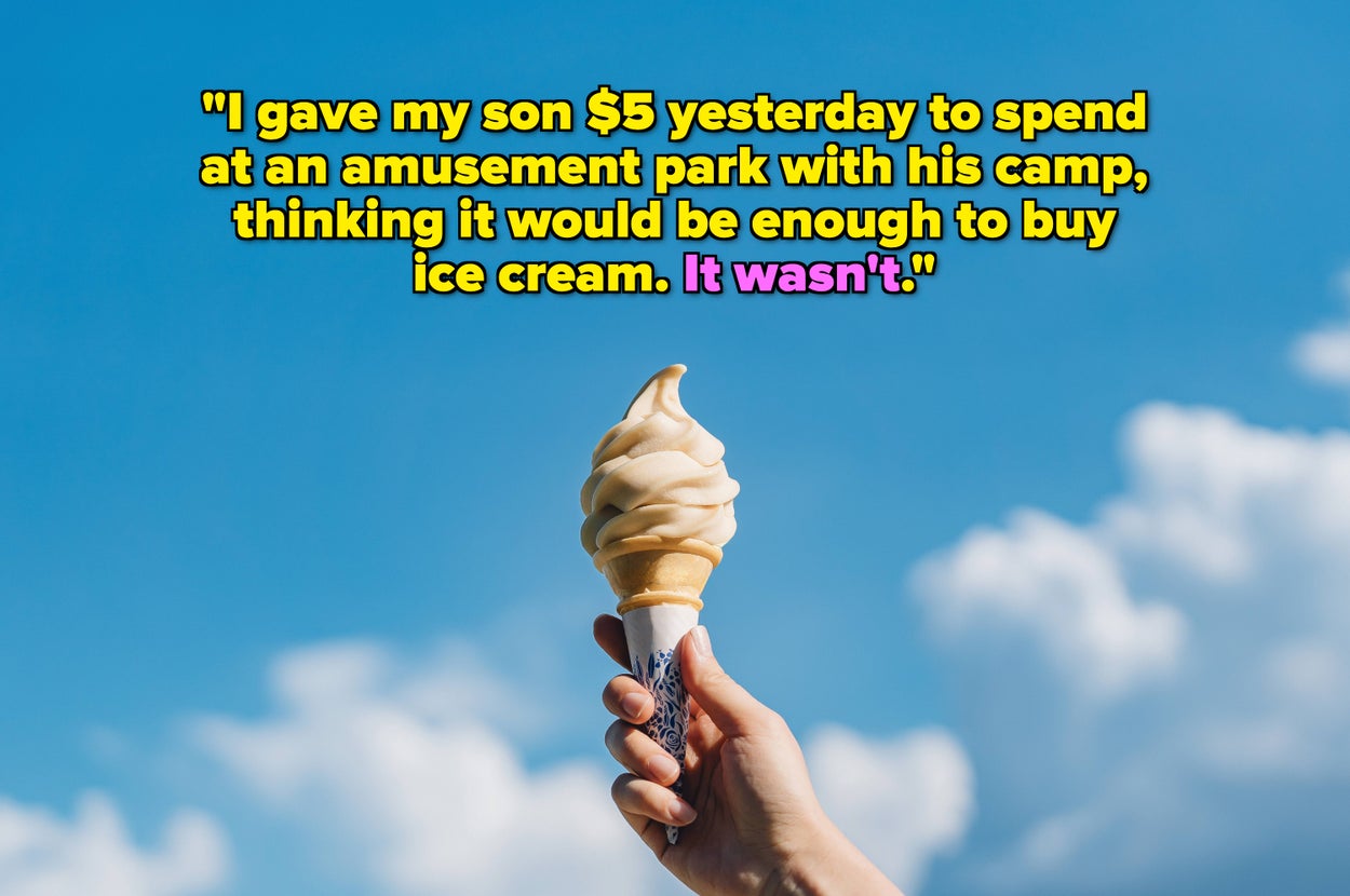 A hand holds a soft-serve ice cream cone against a cloudy sky. Overlaid text humorously notes $5 wasn't enough for the amusement park