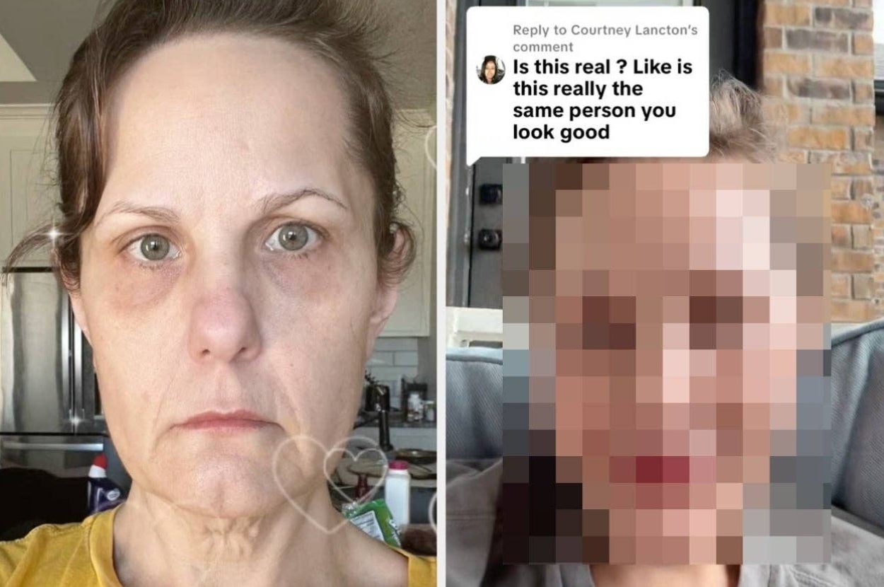 Side-by-side images of a woman's face: left unretouched, right edited with makeup effects and a blurred background
