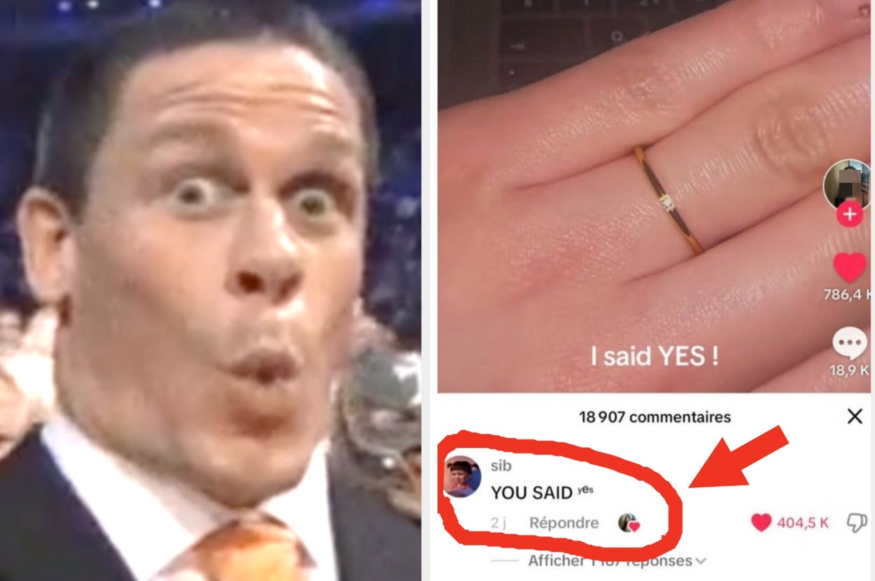 A surprise-faced person next to a TikTok screenshot of a hand with a ring, captioned "I said YES!" and a comment highlighted saying "YOU SAID YES."