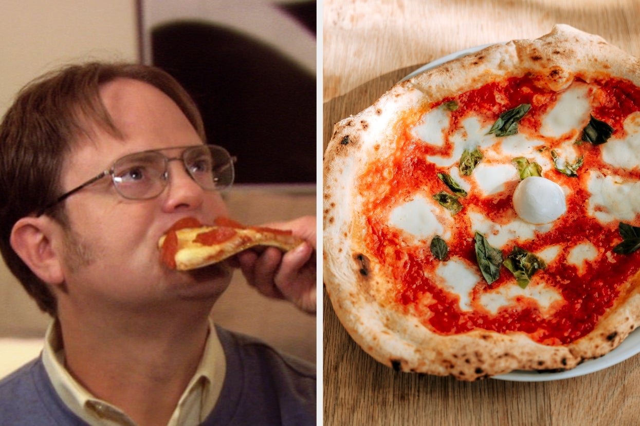 On left, a person wearing glasses eats pizza. On right, a Margherita pizza with basil, mozzarella, and tomato sauce
