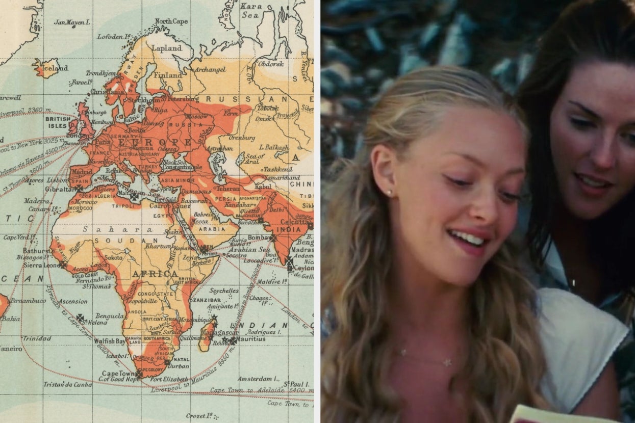 Split image: Left shows a vintage map of Europe and Africa; right shows two women reading, one smiling