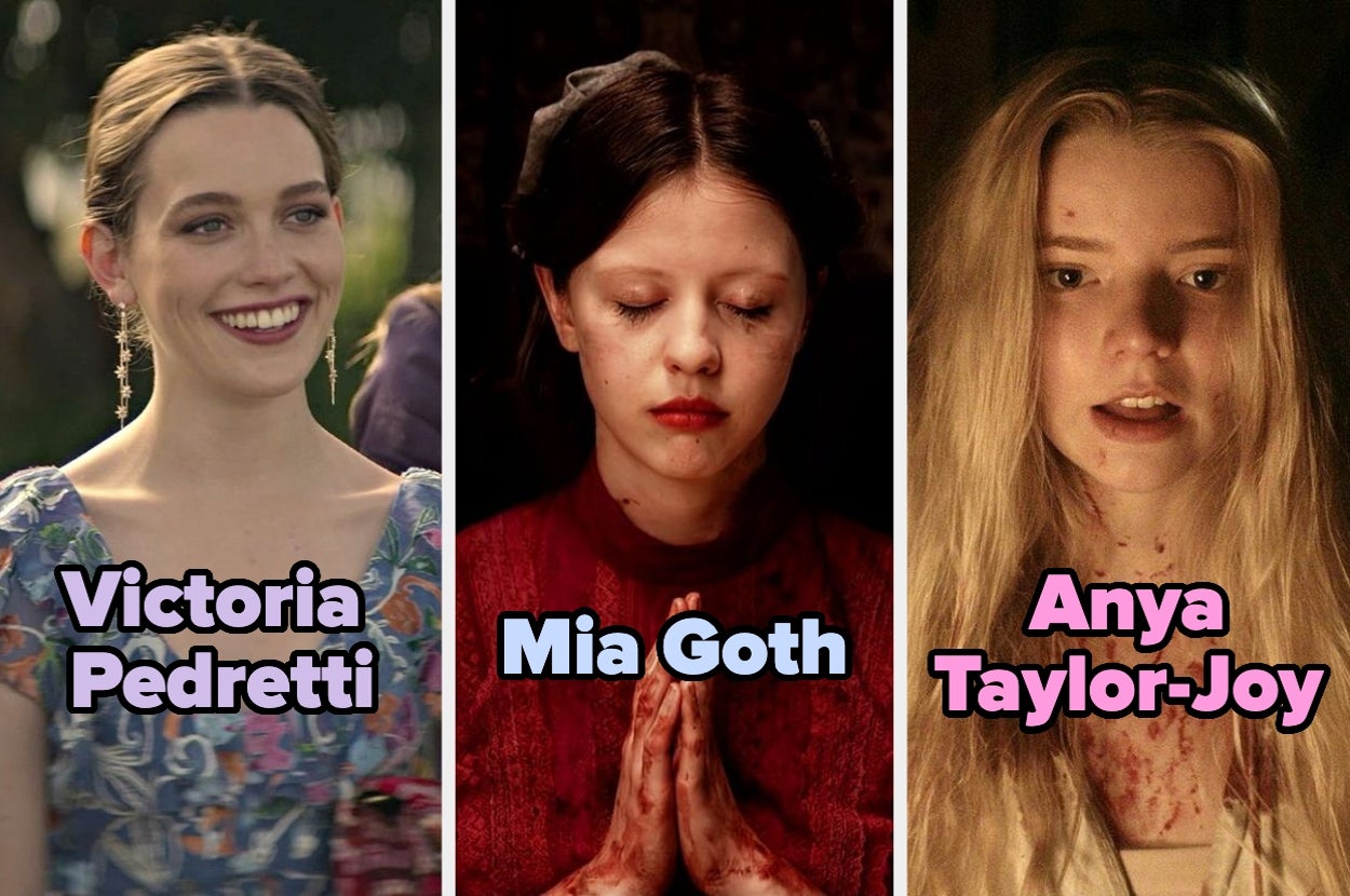 Three women in a collage: one smiling, one praying with closed eyes, and one with a startled expression, all from different media scenes