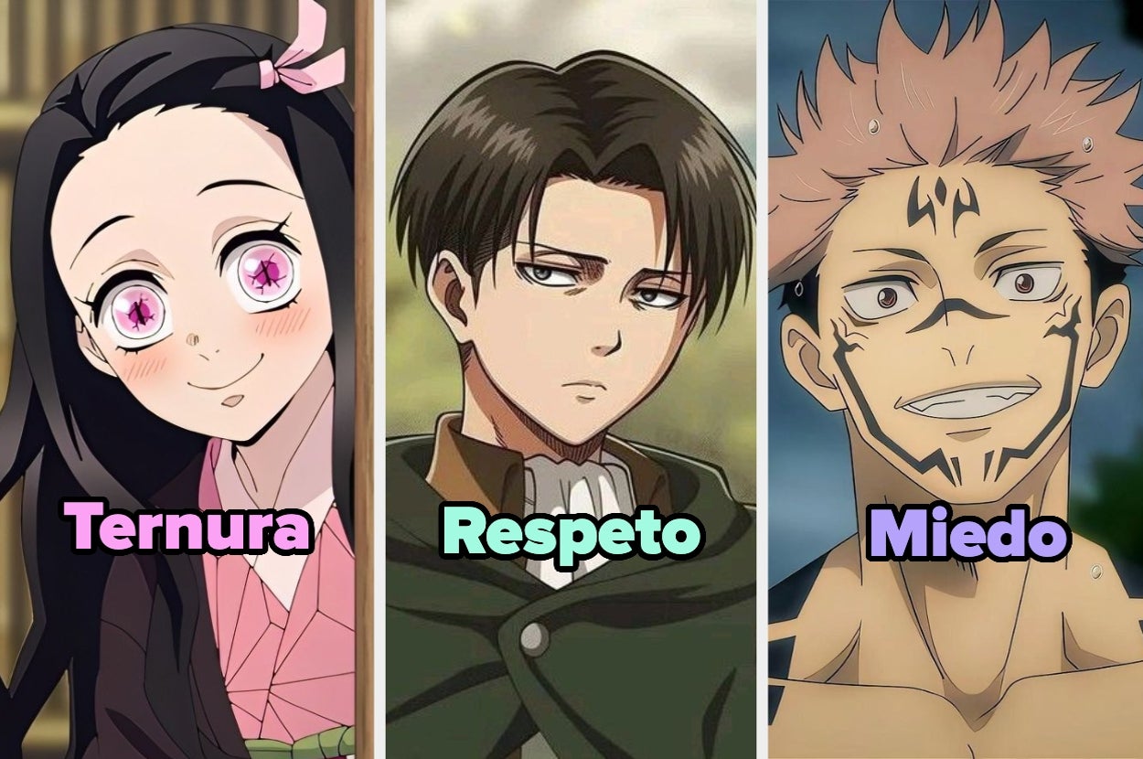 Dibujo dividido en tres con personajes de anime: uno sonriente con lacito, uno serio con abrigo, y otro con tatuajes y sonrisa desafiante