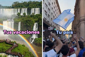Montaje de dos imágenes: a la izquierda, cascadas con arcoíris y texto "Tus vacaciones". A la derecha, multitud con bandera argentina y texto "Tu país"