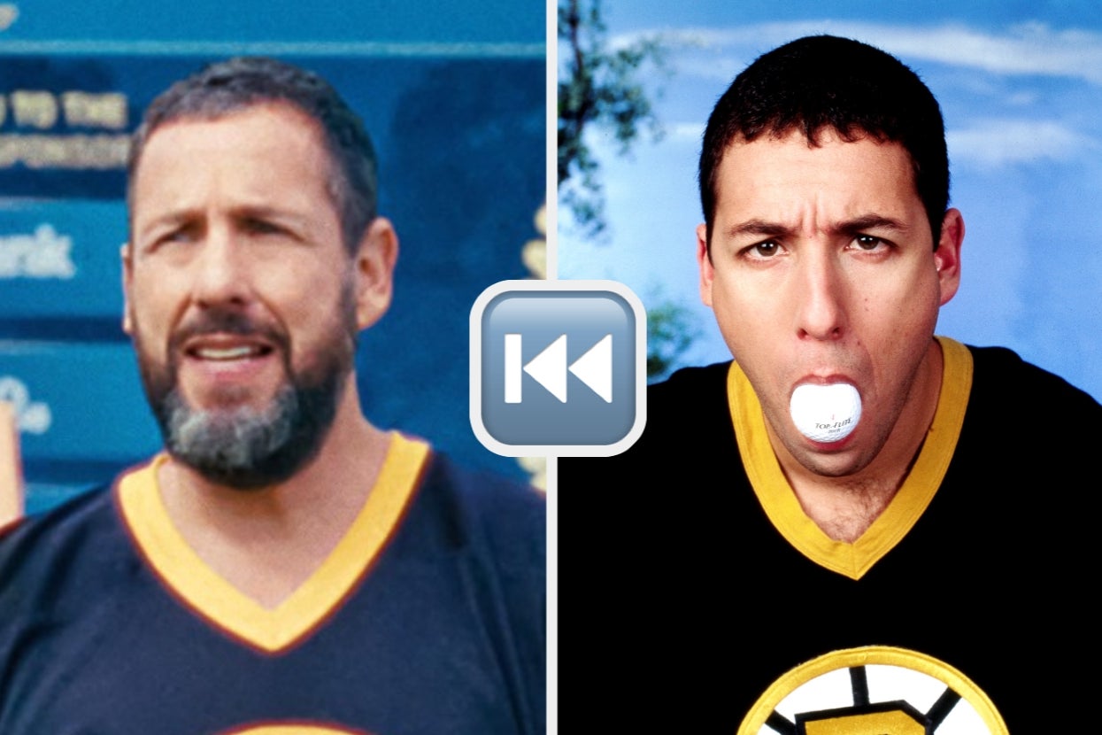 Adam Sandler looking stressed in his jersey in 2025 pic, and holding a ball in his mouth in his 1996 pic, with a rewind symbol between the images