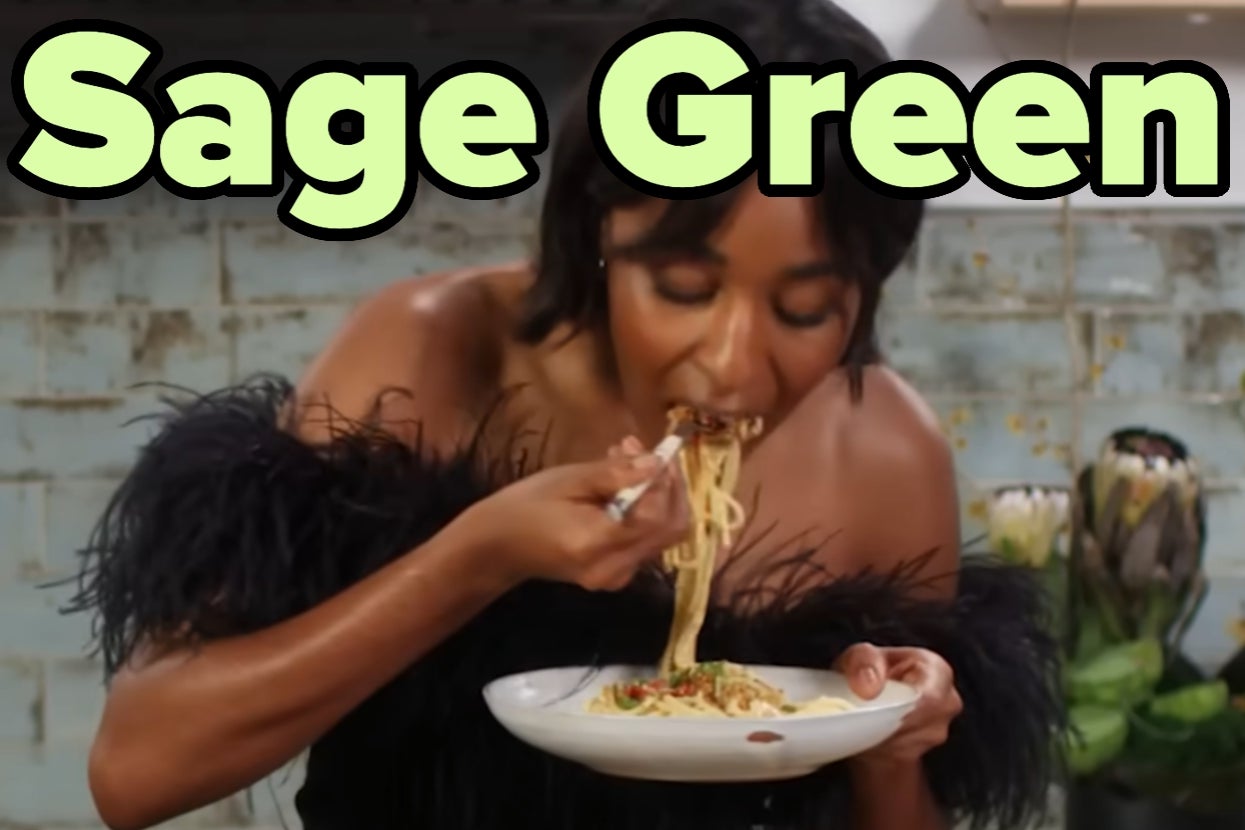 Ayo Edebiri in a feather-trimmed outfit eats pasta with "Sage Green" text above