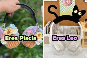 Dos auriculares decorados con crochet: uno con flores y "Eres Piscis"; otro con un gato negro y "Eres Leo"