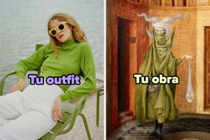 Mujer sentada con suéter llamativo junto a obra surrealista con figura mística. Texto: "Tu outfit" y "Tu obra". Comparación divertida