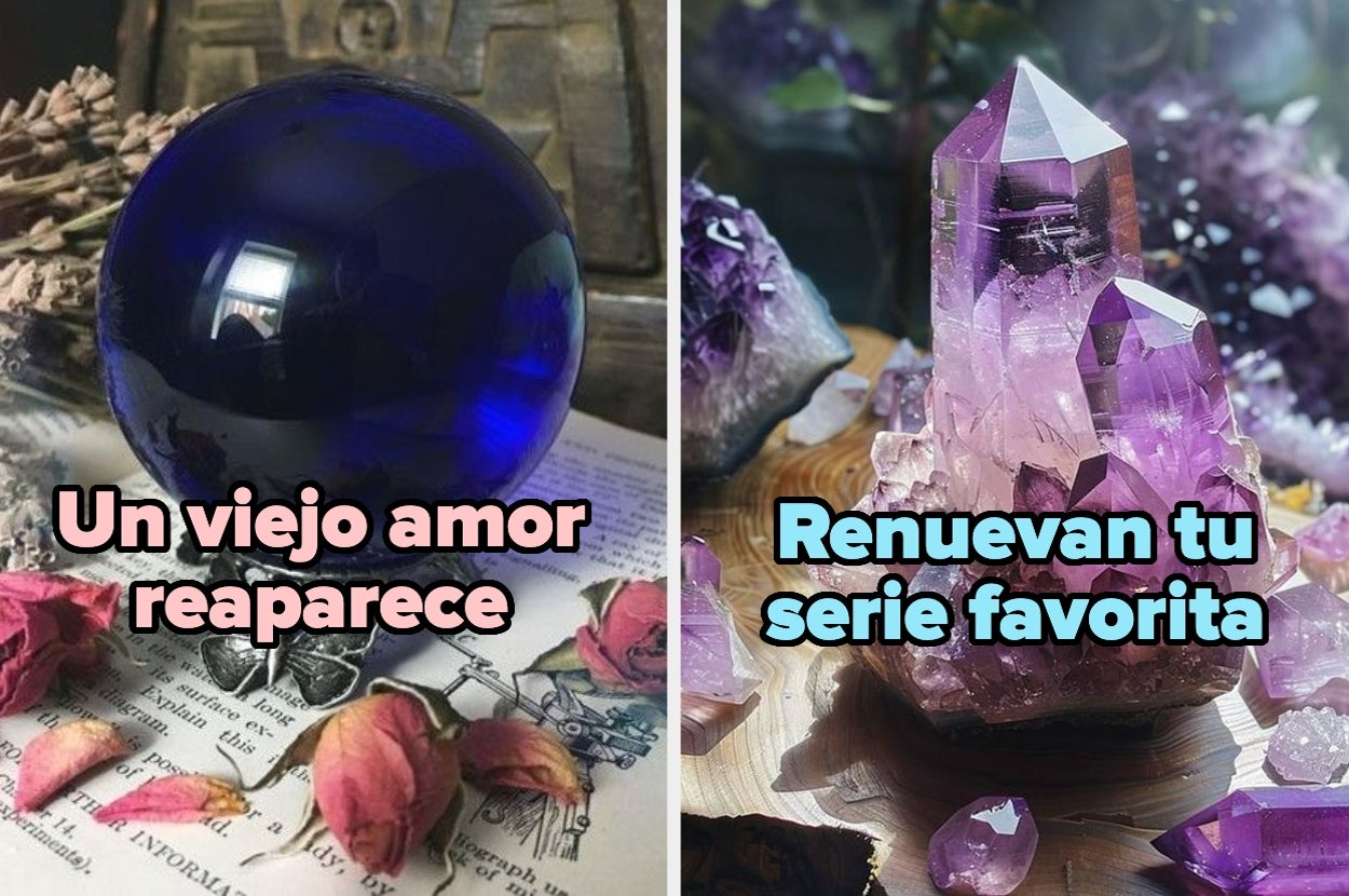 Bola de cristal con texto "Un viejo amor reaparece". Cristales con texto "Renuevan tu serie favorita"