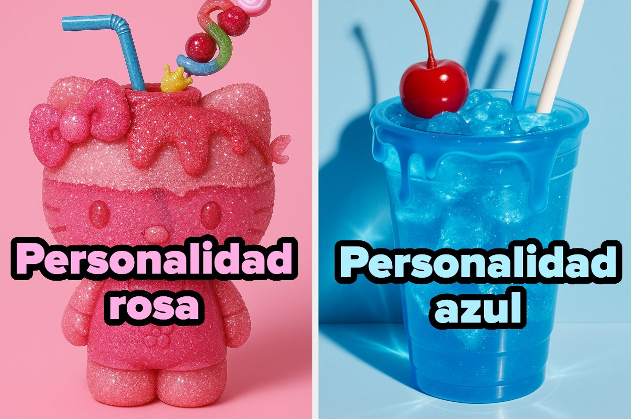 Una figura con apariencia de Hello Kitty sobre fondo rosa y una bebida azul con sorbetes sobre fondo azul, etiquetadas como "Personalidad rosa" y "Personalidad azul"