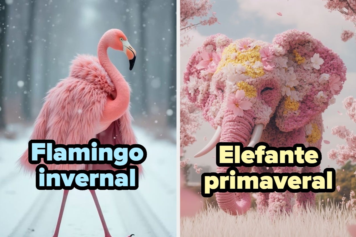 Flamenco con plumaje esponjoso en un paisaje nevado junto a un elefante decorado con flores en un ambiente primaveral