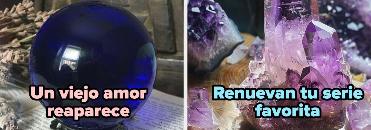 Bola de cristal con texto "Un viejo amor reaparece". Cristales con texto "Renuevan tu serie favorita"