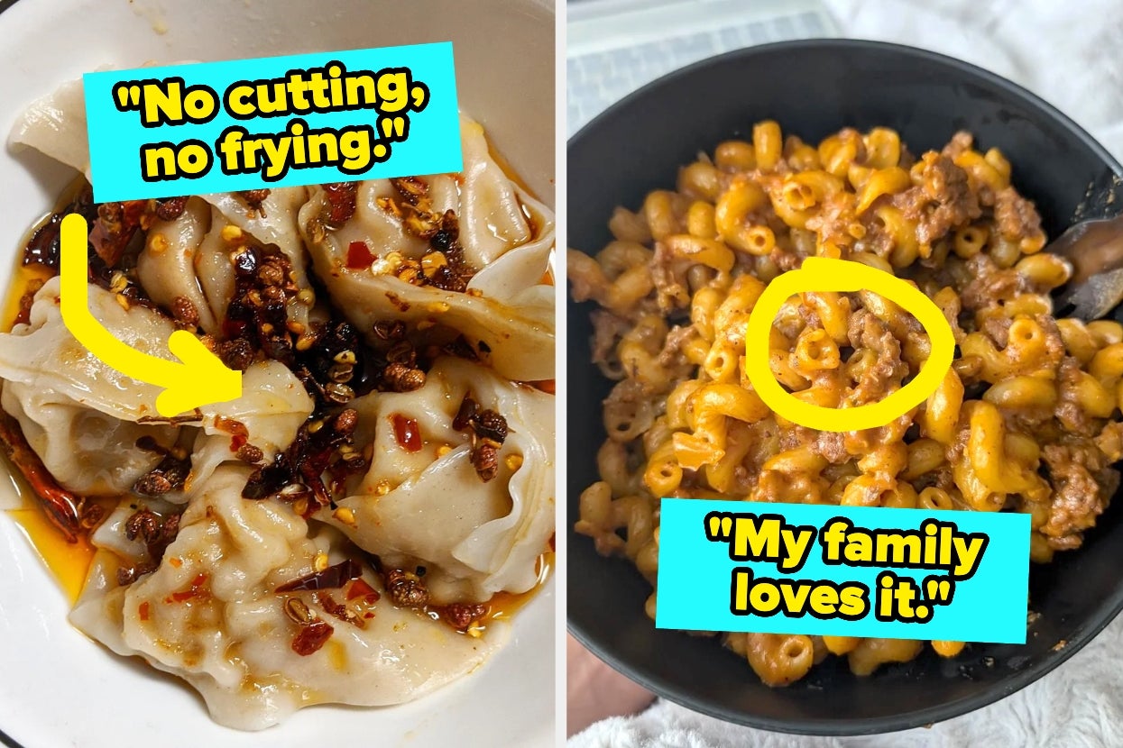 Two dish images with text: Left shows dumplings, labeled "No cutting, no frying." Right shows pasta with meat, labeled "My family loves it."