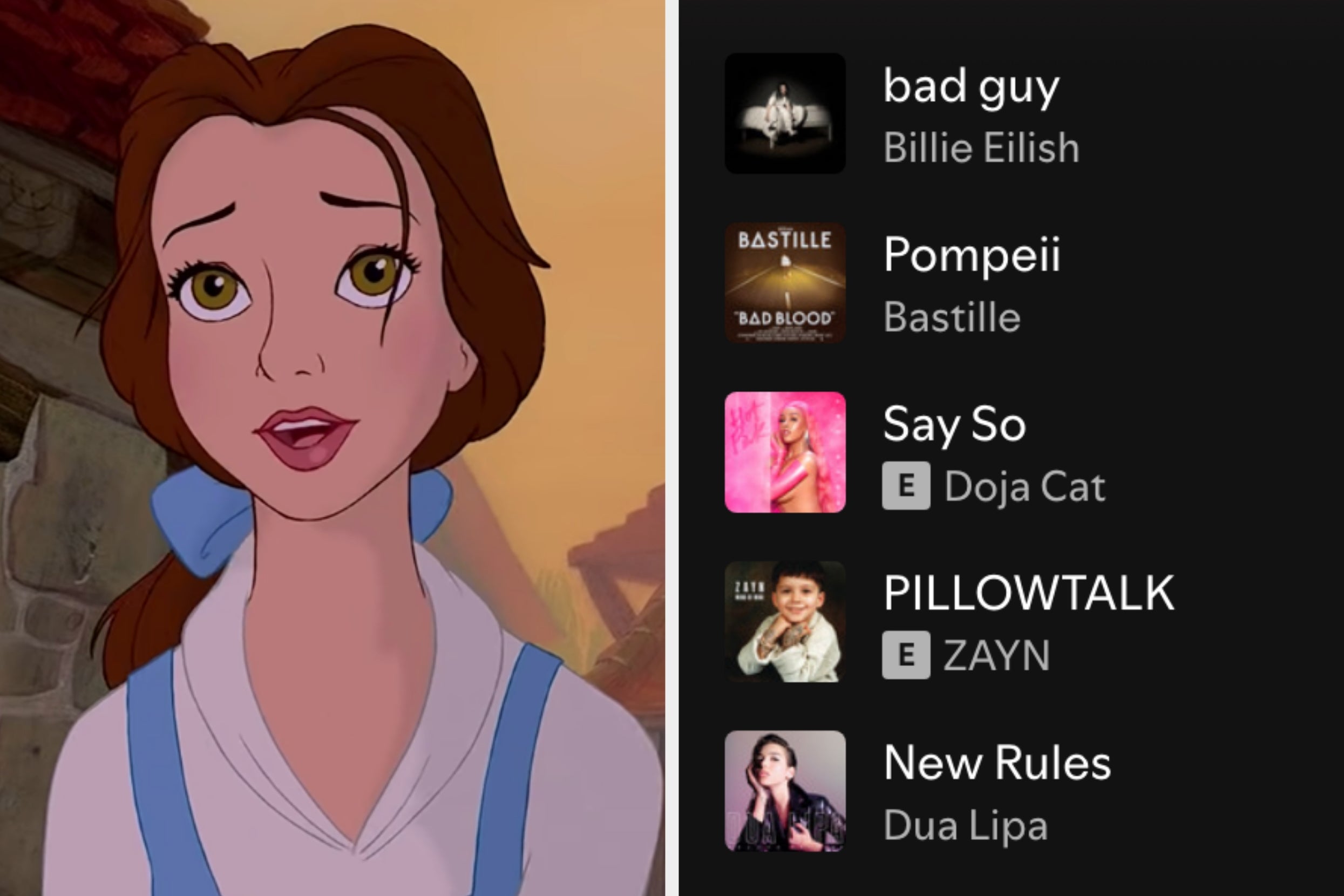 On the left, Belle from Beauty and the Beast, and on the right, a Spotify playlist with songs by Billie Eilish, Bastille, Doja Cat, Zayn, and Dua Lipa