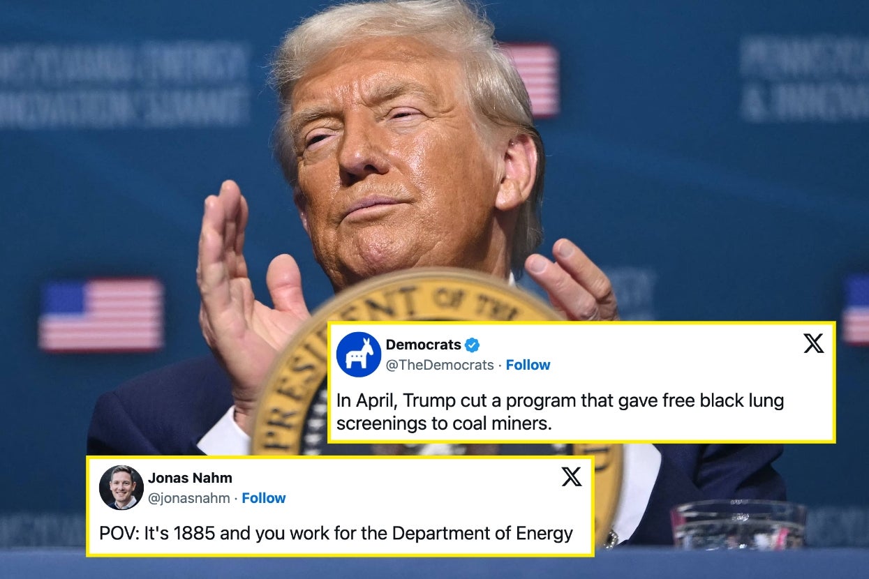 A person claps at an event. Overlaid tweets mention a program cut by Trump affecting black lung screenings for miners and a sarcastic remark about 1885